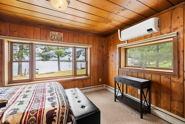2061 Dreamers Ln, Lewiston, MI 49756 - bedroom featuring a wall mounted AC, a water view, wood ceiling, carpet flooring, and wood walls