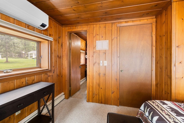 2061 Dreamers Ln, Lewiston, MI 49756 - bedroom featuring an AC wall unit, wood walls, wooden ceiling, a baseboard heating unit, and light colored carpet