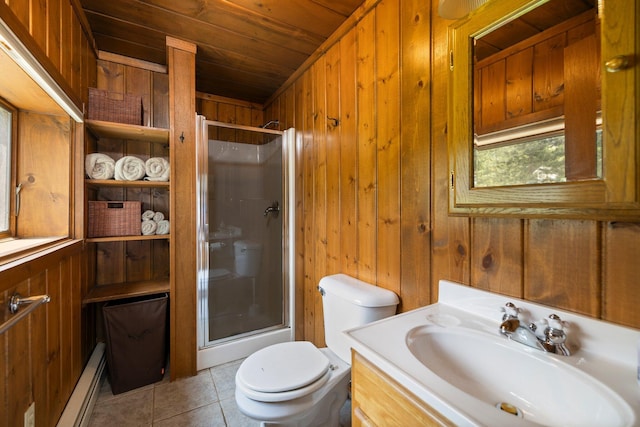 2061 Dreamers Ln, Lewiston, MI 49756 - full bathroom with a shower with shower door, wood walls, wooden ceiling, vanity, and tile patterned floors