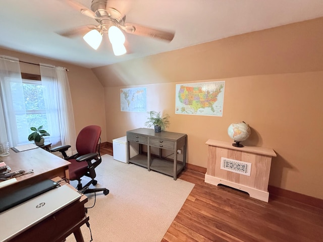 3628 Rau Rd, West Branch, MI 48661 - office with ceiling fan, wood finished floors, and lofted ceiling