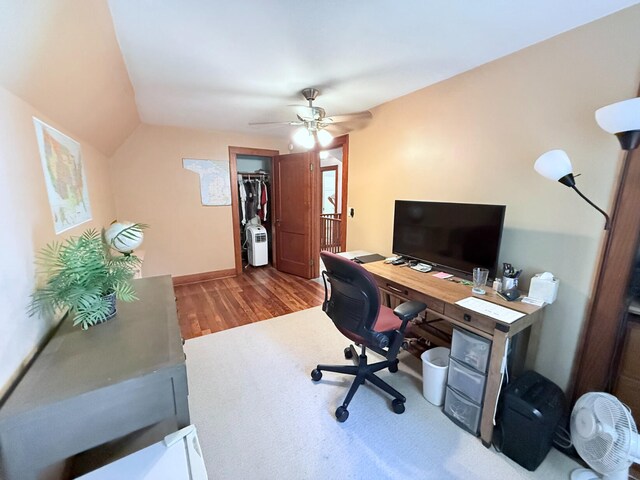 3628 Rau Rd, West Branch, MI 48661 - office space featuring wood finished floors, a ceiling fan, and lofted ceiling
