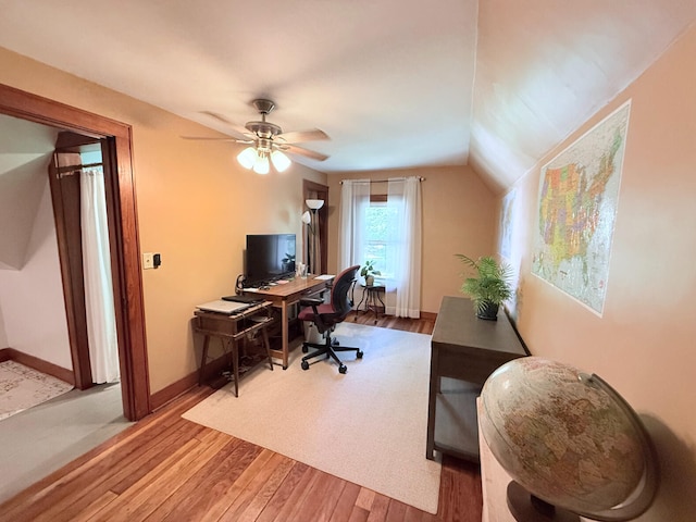 3628 Rau Rd, West Branch, MI 48661 - office with light wood-style floors, a ceiling fan, and lofted ceiling