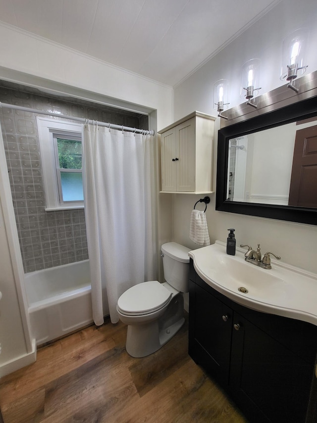 3628 Rau Rd, West Branch, MI 48661 - full bathroom featuring ornamental molding, vanity, wood finished floors, and shower / bathtub combination with curtain