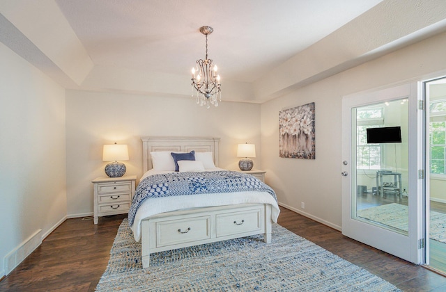 118 Frisco Dr, Houghton Lake, MI 48629 - bedroom featuring dark wood-style floors, a chandelier, and access to exterior