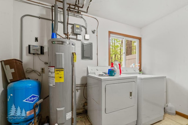 2801 Cobb Rd, Lewiston, MI 49756 - washroom with electric water heater, washing machine and clothes dryer, electric panel, and light tile patterned flooring