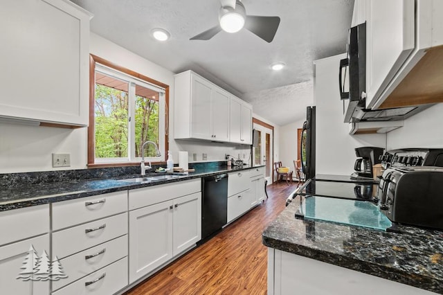 2801 Cobb Rd, Lewiston, MI 49756 - kitchen featuring black appliances, white cabinets, wood finished floors, a textured ceiling, and dark stone countertops