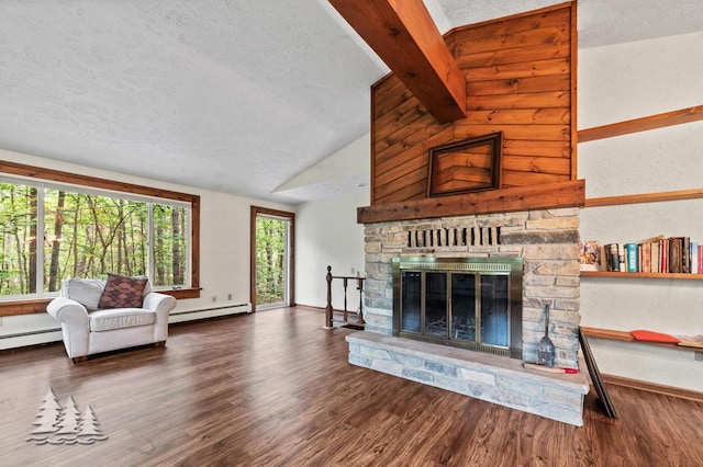 2801 Cobb Rd, Lewiston, MI 49756 - living room with baseboard heating, a textured ceiling, wood finished floors, and a fireplace