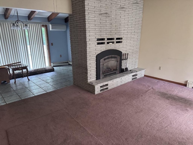 3011 Piper Rd, Alpena, MI 49707 - unfurnished living room featuring a fireplace, beam ceiling, carpet flooring, baseboard heating, and an AC wall unit