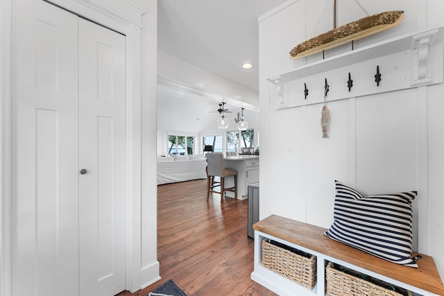 802 Houghton View Dr, Prudenville, MI 48651 - mudroom with hardwood / wood-style floors and recessed lighting