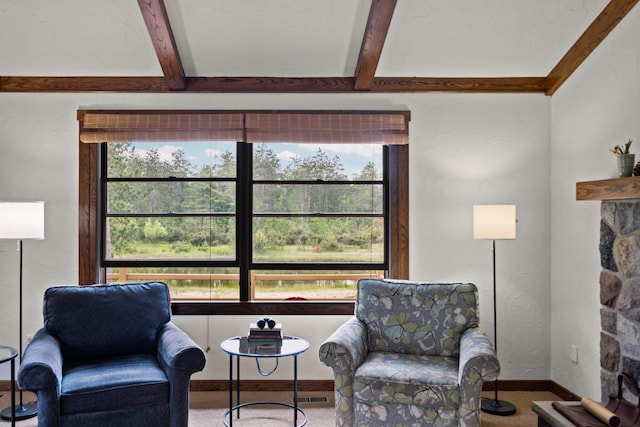 6612 Old Vanderbilt Rd, Vanderbilt, MI 49795 - living area with beamed ceiling and baseboards