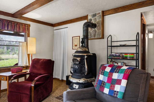6612 Old Vanderbilt Rd, Vanderbilt, MI 49795 - living area featuring carpet floors, beamed ceiling, and a wood stove