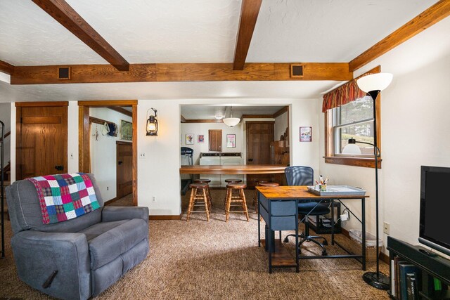 6612 Old Vanderbilt Rd, Vanderbilt, MI 49795 - living area featuring beamed ceiling and carpet floors