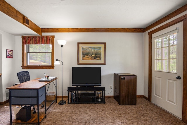 6612 Old Vanderbilt Rd, Vanderbilt, MI 49795 - carpeted office space with baseboards and beamed ceiling