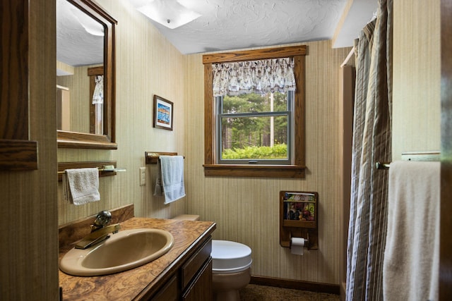6612 Old Vanderbilt Rd, Vanderbilt, MI 49795 - full bathroom featuring wallpapered walls, a textured ceiling, vanity, and curtained shower