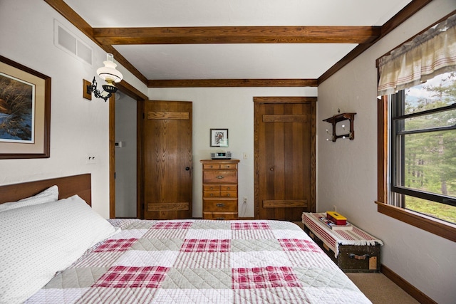 6612 Old Vanderbilt Rd, Vanderbilt, MI 49795 - carpeted bedroom featuring beamed ceiling and multiple closets