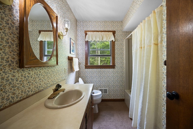 6612 Old Vanderbilt Rd, Vanderbilt, MI 49795 - full bath featuring wallpapered walls, vanity, and shower / bath combo