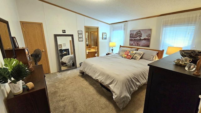 7717 Weiss Rd, Alpena, MI 49707 - bedroom with ornamental molding, carpet, vaulted ceiling, and ensuite bathroom