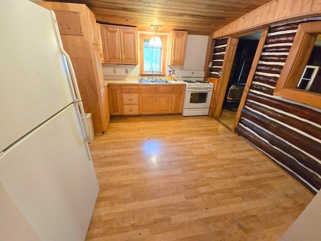 2880 Ann Arbor Rd, Lewiston, MI 49756 - kitchen with white appliances, wooden ceiling, light countertops, light wood-style flooring, and decorative light fixtures