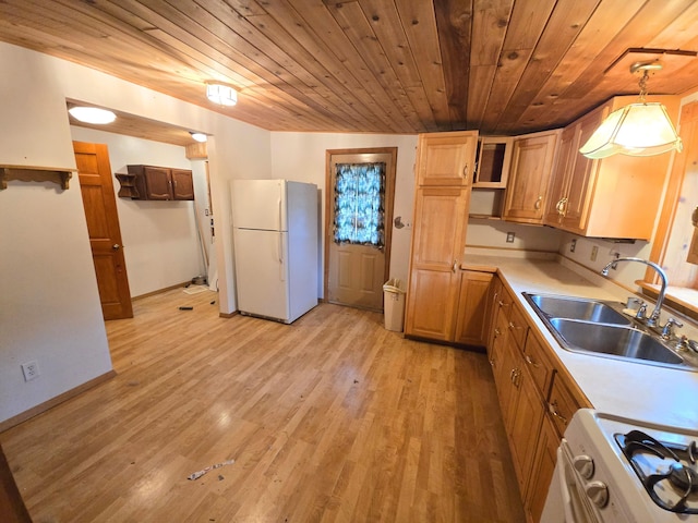 2880 Ann Arbor Rd, Lewiston, MI 49756 - kitchen with white appliances, wooden ceiling, open shelves, light wood finished floors, and light countertops