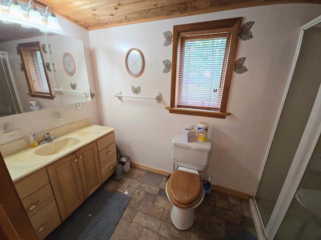 2880 Ann Arbor Rd, Lewiston, MI 49756 - full bathroom featuring stone tile flooring, vanity, wooden ceiling, and a shower stall