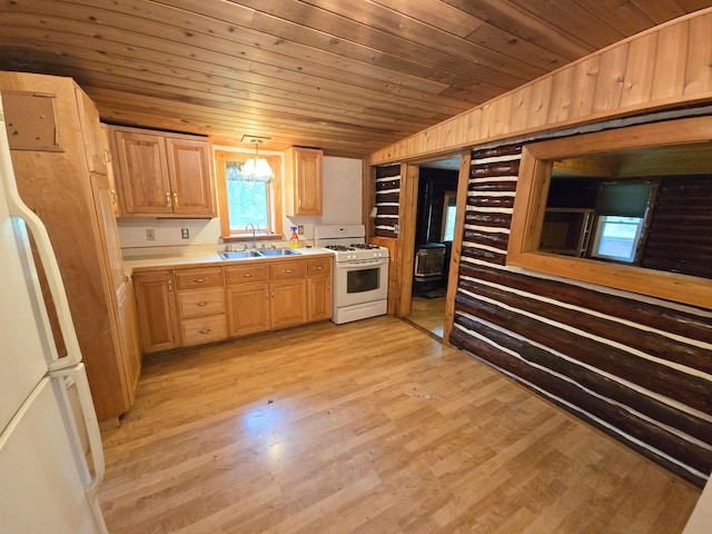 2880 Ann Arbor Rd, Lewiston, MI 49756 - kitchen featuring white appliances, wood ceiling, light countertops, light brown cabinets, and light wood finished floors