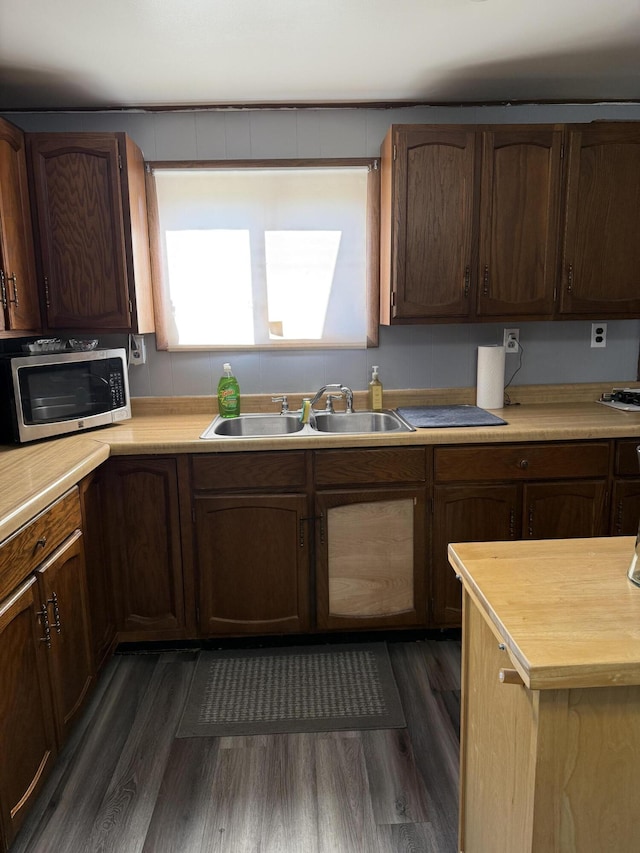 2493 S Horseshoe Trl, Grayling, MI 49738 - kitchen featuring stainless steel microwave and dark wood-style flooring
