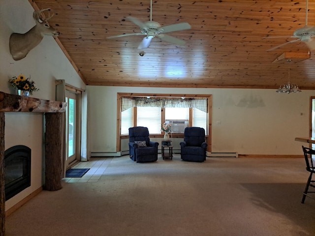 4160 S Vaughn Lake Rd, Glennie, MI 48737 - sitting room featuring carpet, wooden ceiling, plenty of natural light, vaulted ceiling, and a glass covered fireplace