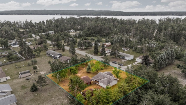 2731 Gregory St, Lewiston, MI 49756 - aerial view of property and surrounding area featuring a nearby body of water and property parcel outlined