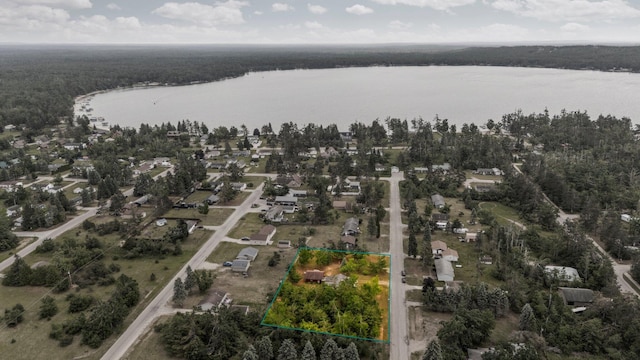2731 Gregory St, Lewiston, MI 49756 - aerial overview of property's location with a large body of water and property parcel outlined