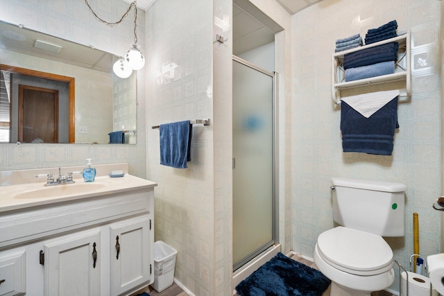 2731 Gregory St, Lewiston, MI 49756 - full bathroom with vanity, a shower stall, and tile walls