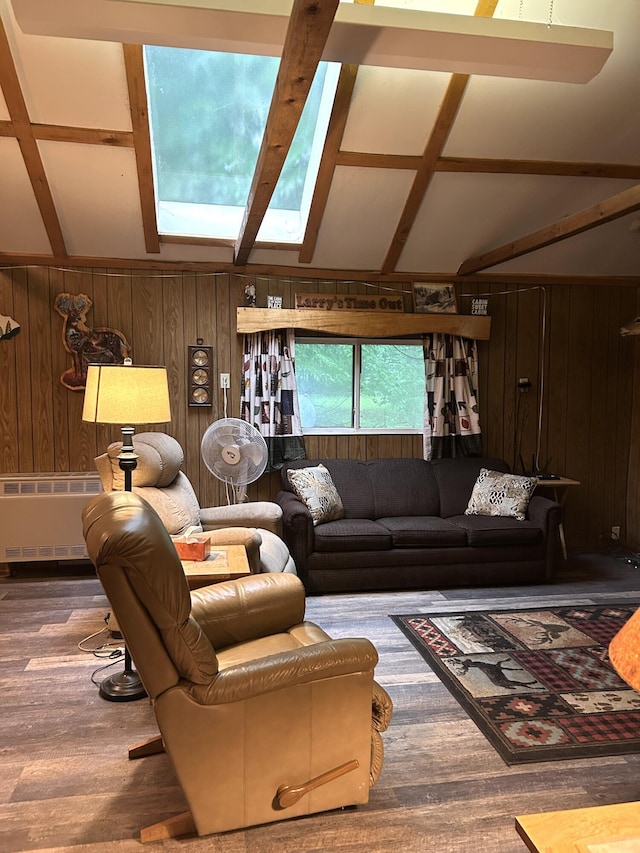 16831 Moores Landing Rd, Lachine, MI 49753 - living area with a skylight, radiator heating unit, wood walls, and wood finished floors