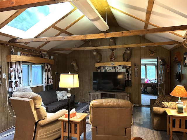 16831 Moores Landing Rd, Lachine, MI 49753 - living room featuring wooden walls, wood finished floors, and a skylight