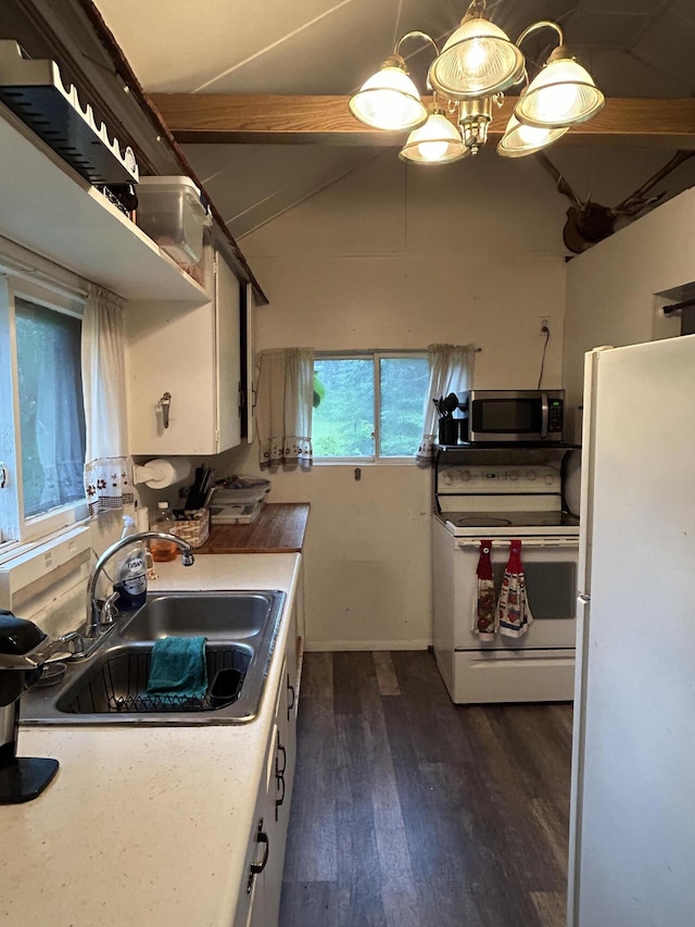 16831 Moores Landing Rd, Lachine, MI 49753 - kitchen with white appliances, dark wood-style flooring, white cabinetry, and light countertops