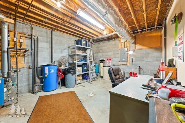 881 N Red Oak Rd, Lewiston, MI 49756 - unfinished basement with water heater, electric panel, and concrete block wall