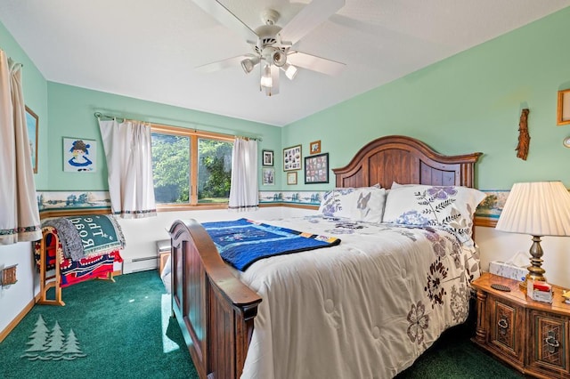 881 N Red Oak Rd, Lewiston, MI 49756 - bedroom with carpet, a baseboard radiator, and ceiling fan