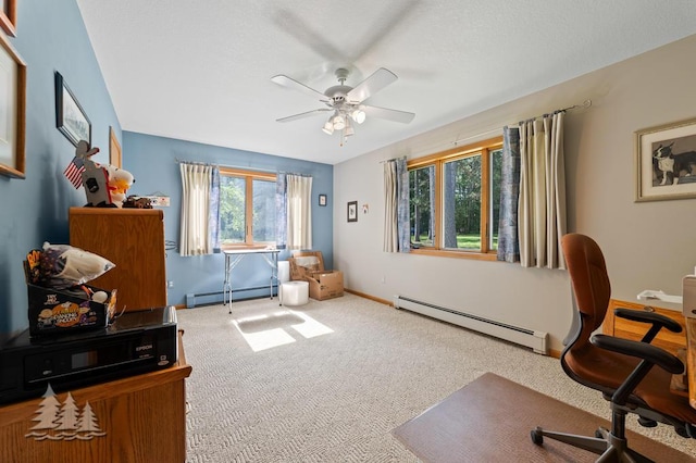 881 N Red Oak Rd, Lewiston, MI 49756 - carpeted home office featuring a baseboard heating unit and ceiling fan