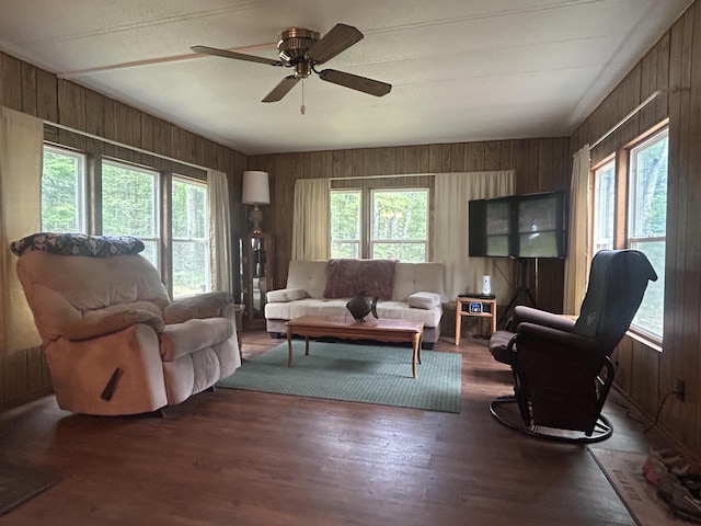 15939 Hiawatha Trl, Atlanta, MI 49709 - living area featuring wood walls, plenty of natural light, wood finished floors, and ceiling fan