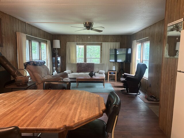15939 Hiawatha Trl, Atlanta, MI 49709 - living room featuring ceiling fan, wood walls, healthy amount of natural light, and dark wood-style floors
