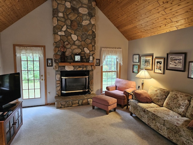 14911 Kings Ln, Ocqueoc, MI 49759 - living area featuring carpet flooring, high vaulted ceiling, wooden ceiling, and a stone fireplace