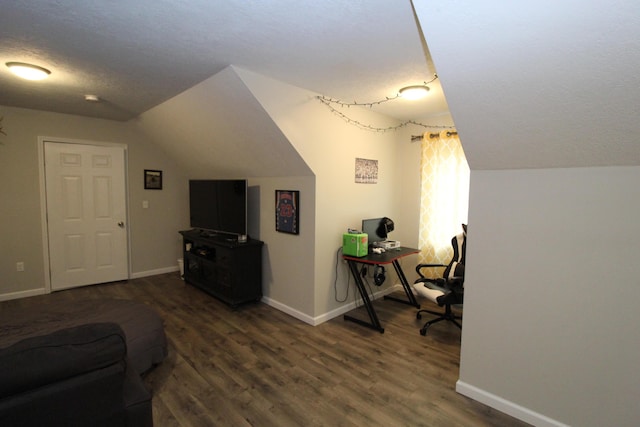 2150 Danish Landing Rd, Grayling, MI 49738 - office space with vaulted ceiling, wood finished floors, and a textured ceiling