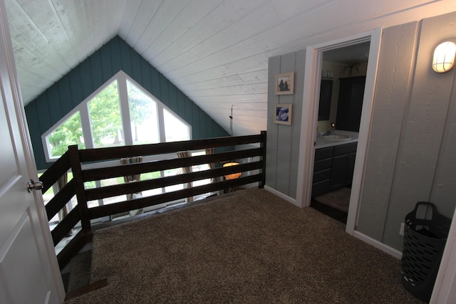 2150 Danish Landing Rd, Grayling, MI 49738 - hallway with vaulted ceiling and carpet floors