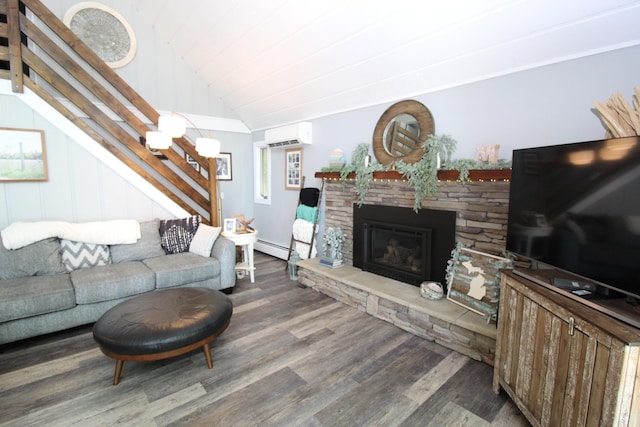 2150 Danish Landing Rd, Grayling, MI 49738 - living area featuring stairs, wood finished floors, lofted ceiling, a baseboard radiator, and a wall mounted air conditioner