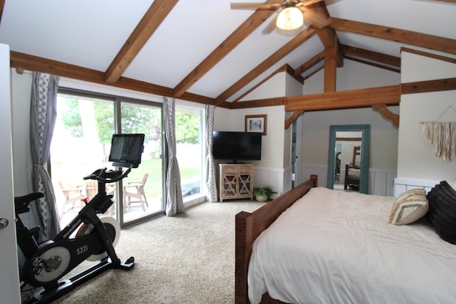 2150 Danish Landing Rd, Grayling, MI 49738 - bedroom featuring access to outside, a wainscoted wall, and carpet floors