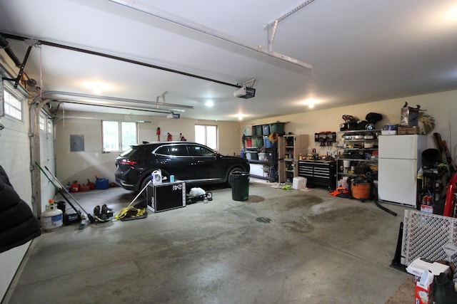 2150 Danish Landing Rd, Grayling, MI 49738 - garage featuring freestanding refrigerator, a garage door opener, and a workshop area