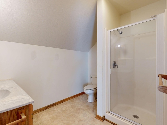 7090 Nancy K Dr, Hale, MI 48739 - bathroom with a shower stall, vanity, and lofted ceiling