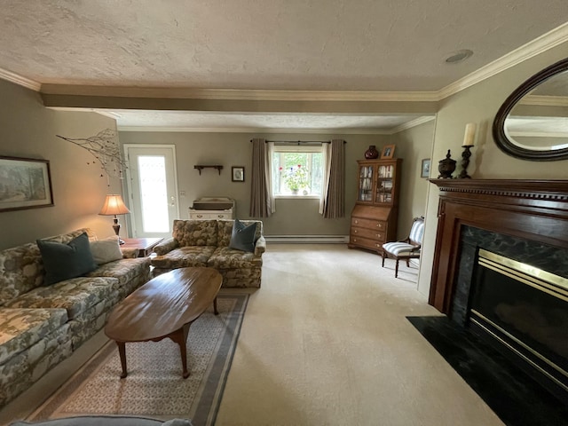 982 Shaggy Bark Ct, Gaylord, MI 49735 - living room with a premium fireplace, baseboard heating, light colored carpet, ornamental molding, and a textured ceiling