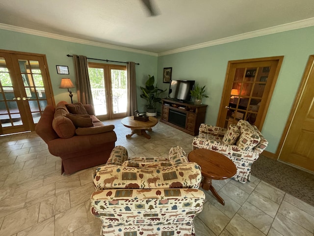 982 Shaggy Bark Ct, Gaylord, MI 49735 - living room featuring french doors, crown molding, and light stone finish flooring
