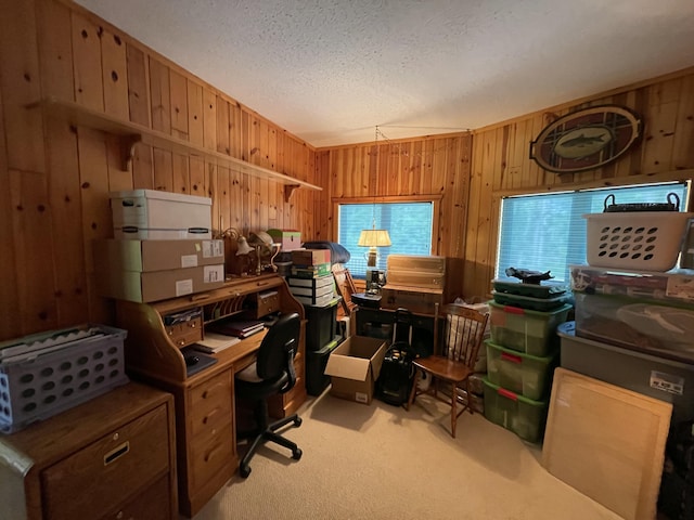 982 Shaggy Bark Ct, Gaylord, MI 49735 - carpeted home office with wood walls and a textured ceiling
