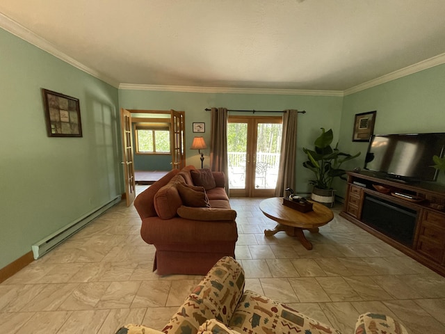 982 Shaggy Bark Ct, Gaylord, MI 49735 - living area featuring a baseboard radiator, french doors, and ornamental molding