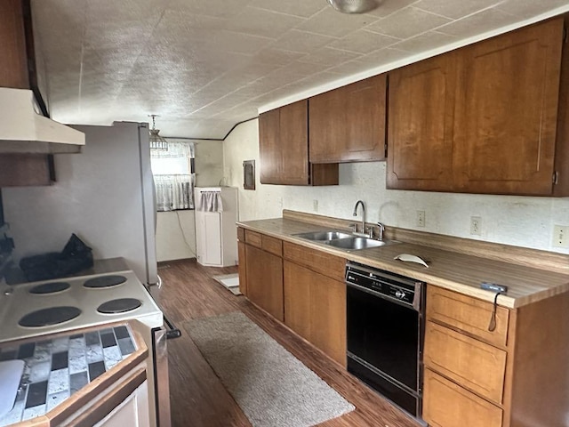 711 S 8th Ave, Alpena, MI 49707 - kitchen with dishwasher, electric range, exhaust hood, and dark wood-type flooring